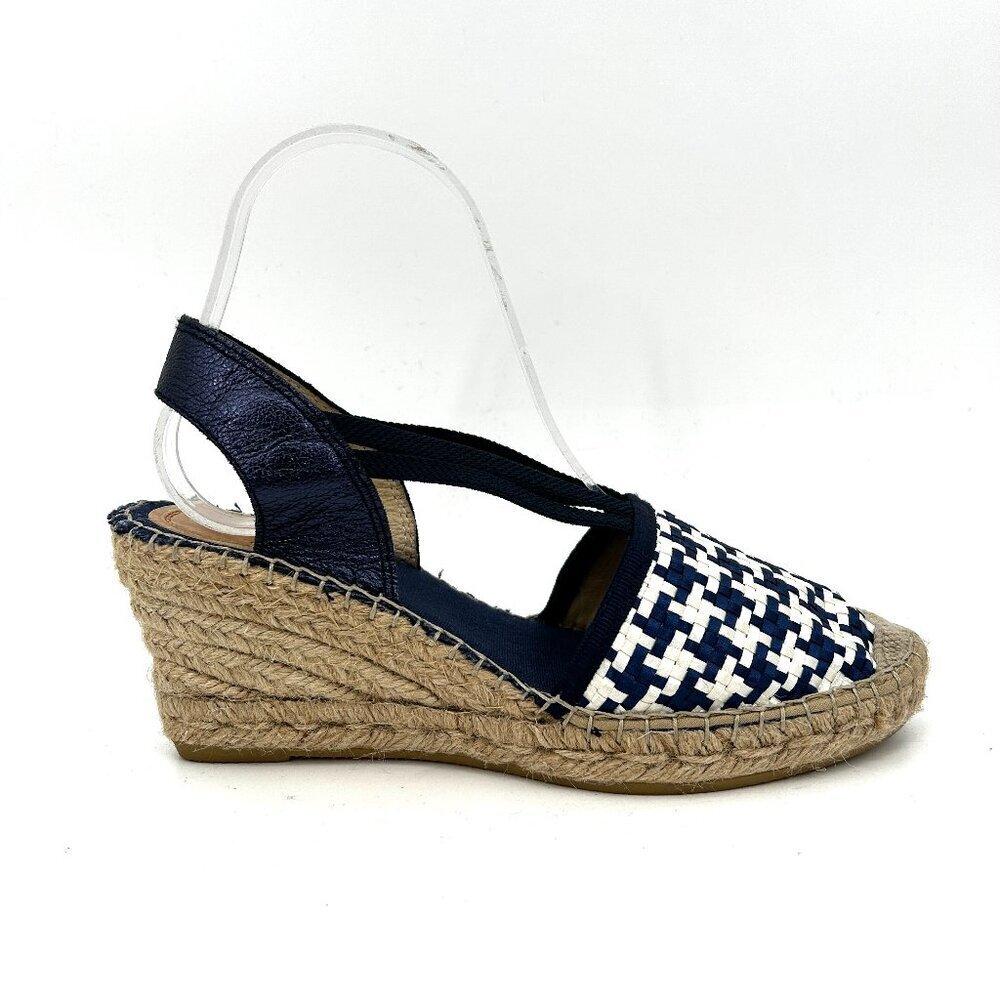 HEYRAUD Navy Blue White Leather Woven Espadrille Wedge Sandals Size EU 38